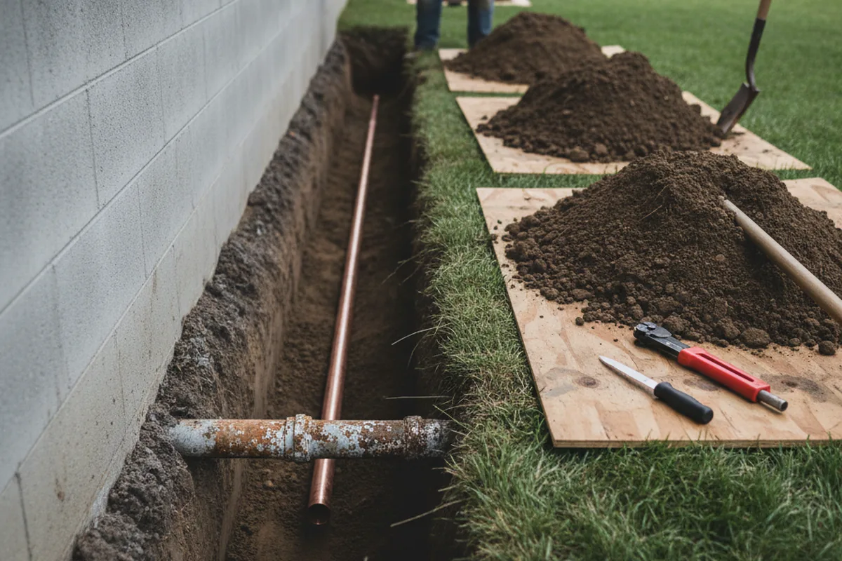 Excavated water line trench during Sewer Line Repair in Brush Valley
